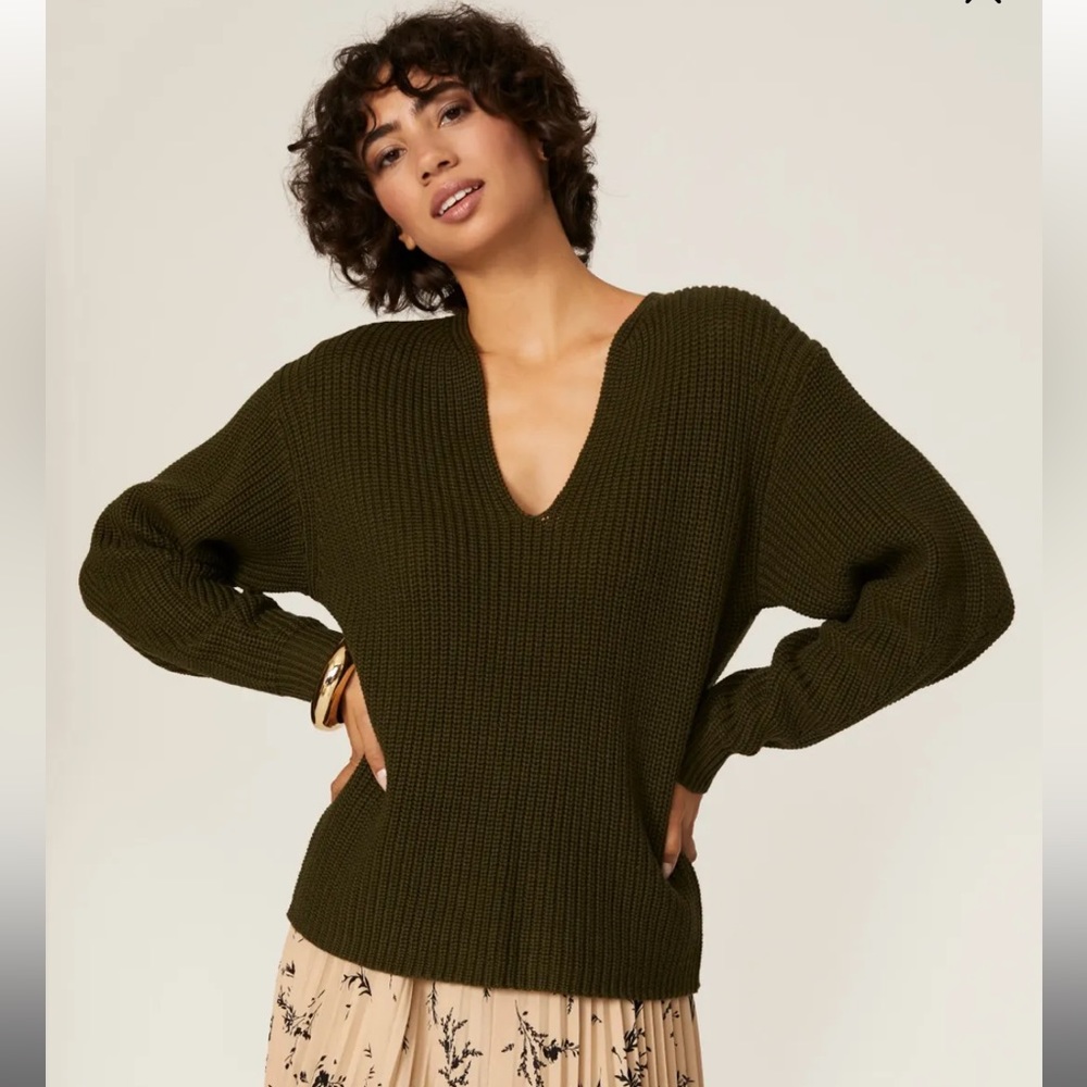 Thakoon Collective Olive Deep V Neck Sweater